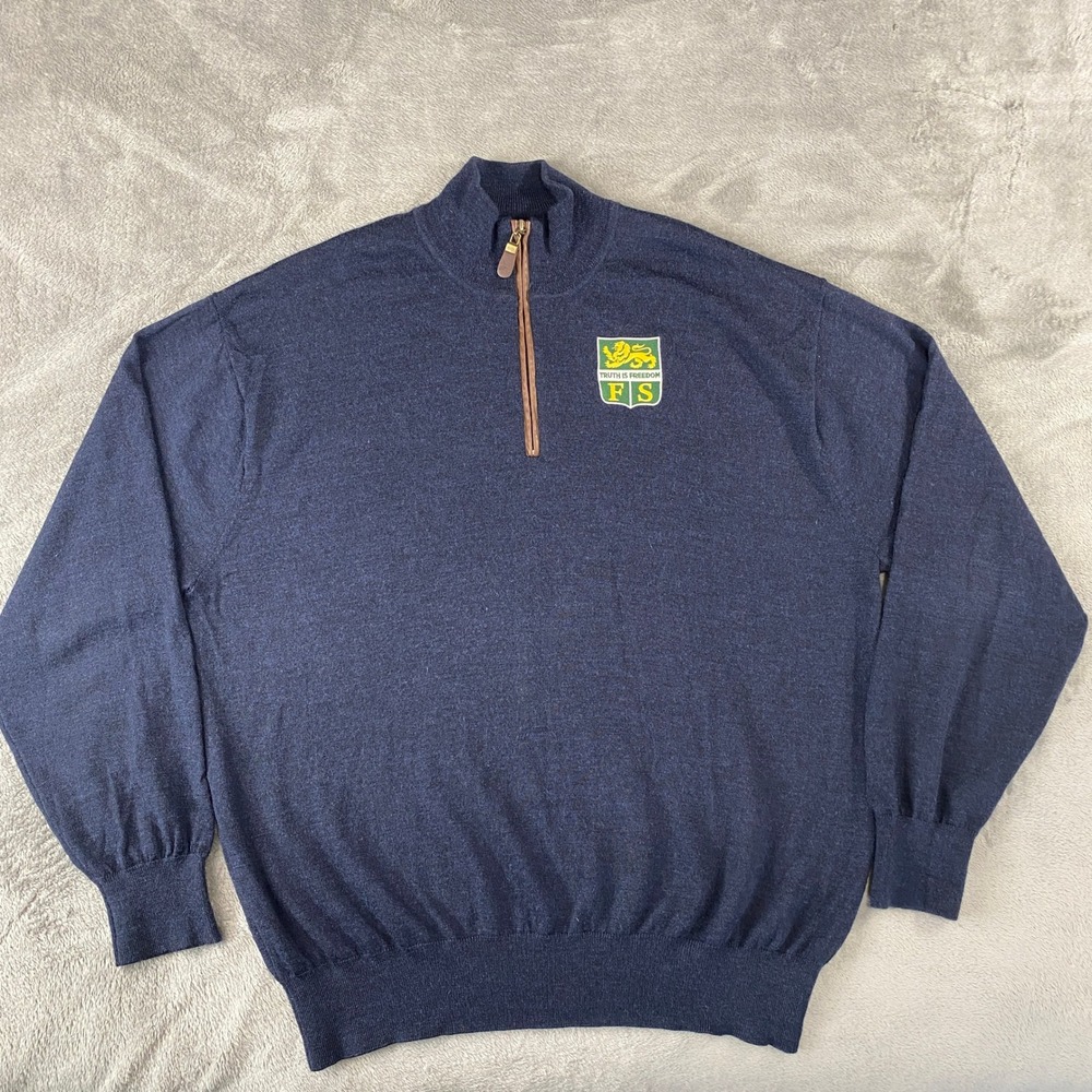 Orvis Sweater Mens XXL Navy Blue Merino Wool Quarter Zip Leather Trim